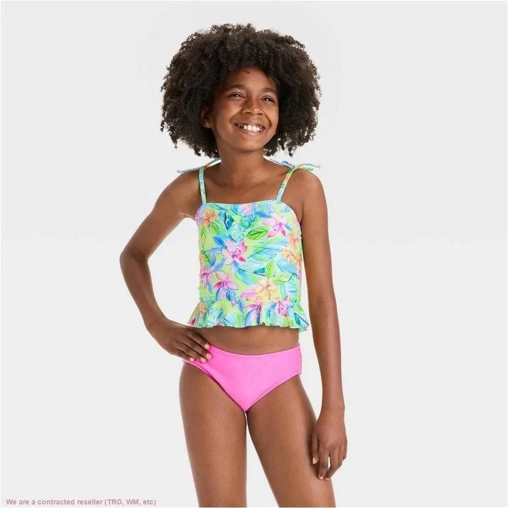 Cat & Jack Girls Tropical Floral Tankini 2-piece Swimsuit Pink Lime Green Size 8